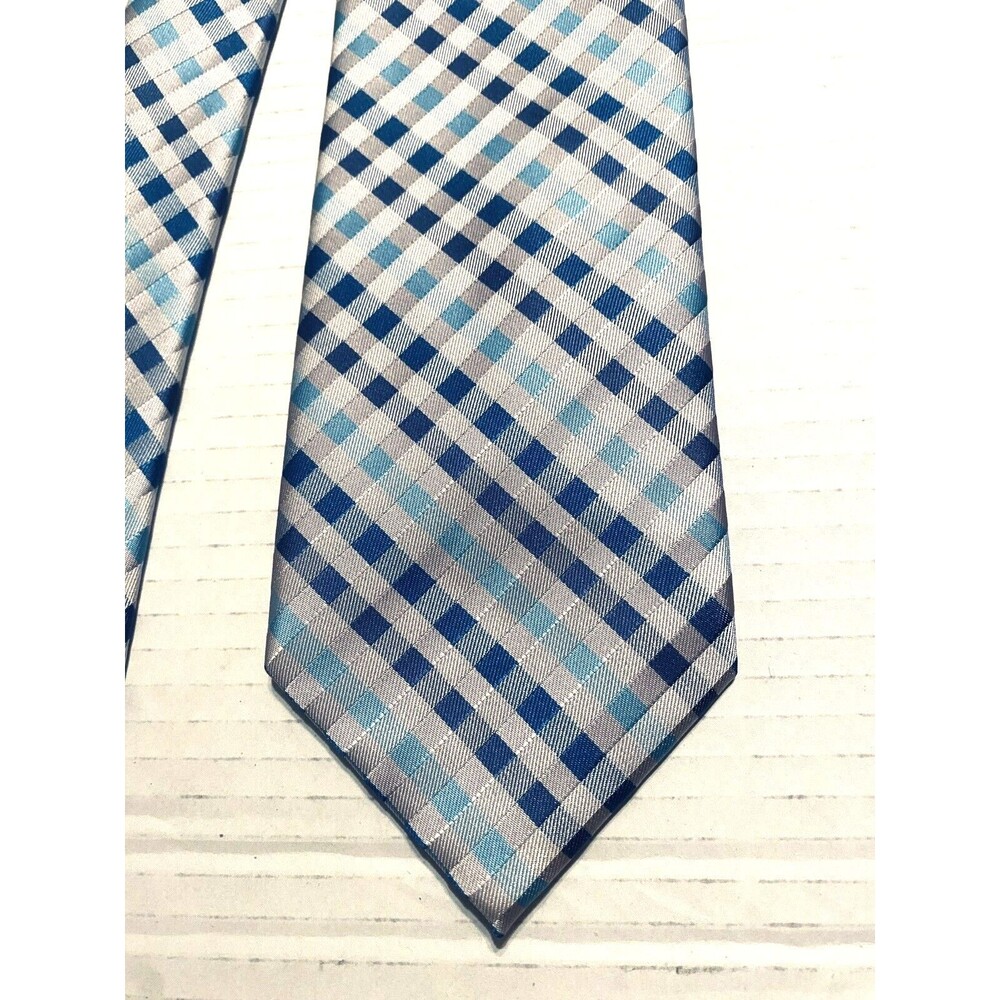 Stafford Mens Silk Tie Gray Black Teal Silver Stripes Checks Plaids Handmade 60"